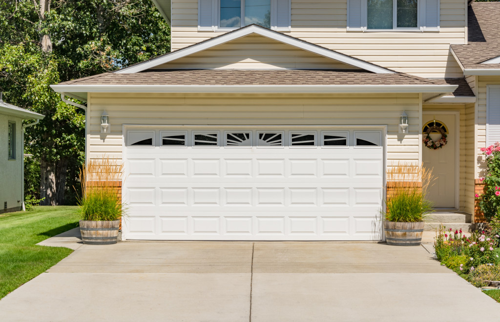 A white garage door in a house