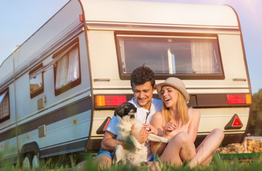 young couple in front of camper van with dog