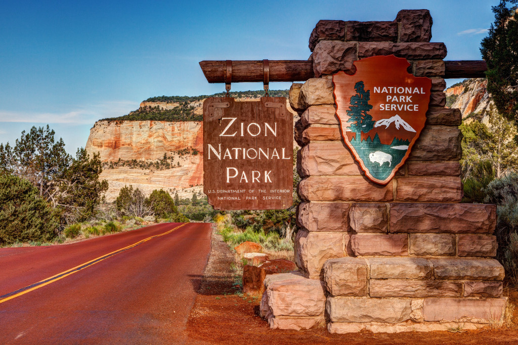 The entrance sign of Zion National Park